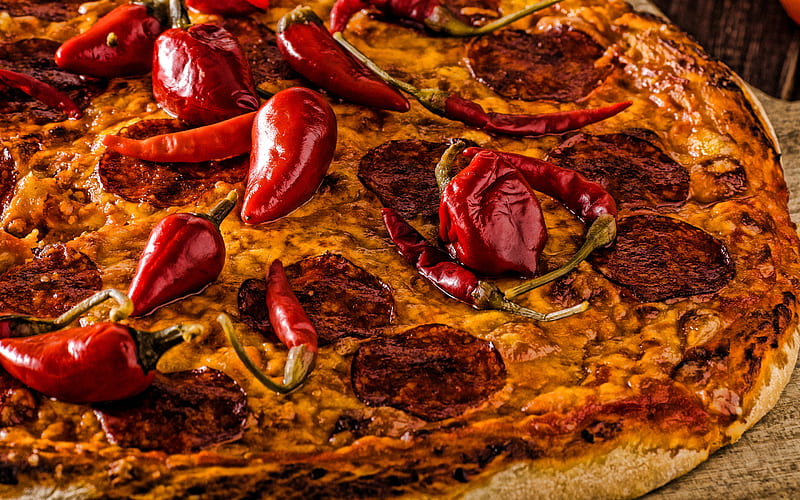 pizza with sausage, fast food, pizza with red pepper, pizza, sausage, HD wallpaper