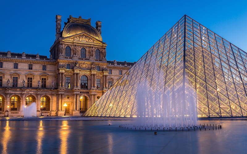 Louvre, Paris, evening, sunset, palace, fountain, Paris landmark, France, Louvre Museum, HD wallpaper