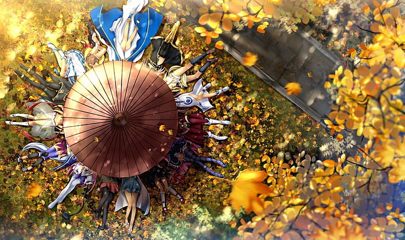 Autumn Umbrella, panty and stocking with garterbelt, aria, umbrella, crossover, slayers, kirishima shouko, group, ika musume, belldandy, anime, anime girl, lala satalin deviluke, togame, kanokon, minamoto chizuru, cute, umi monogatari, seiken no blacksmith, ah my goddess, marin, lina inverse, dress, autumn, they are my noble masters, kuonji shinra, megurine luka, lisa, katanagatari, leaves, baka to test to shoukanjuu, mizunashi akari, vocaloid, female, shinryaku ika musume, ushiromiya maria, to love ru, stocking, girl, umineko no naku koro ni, HD wallpaper
