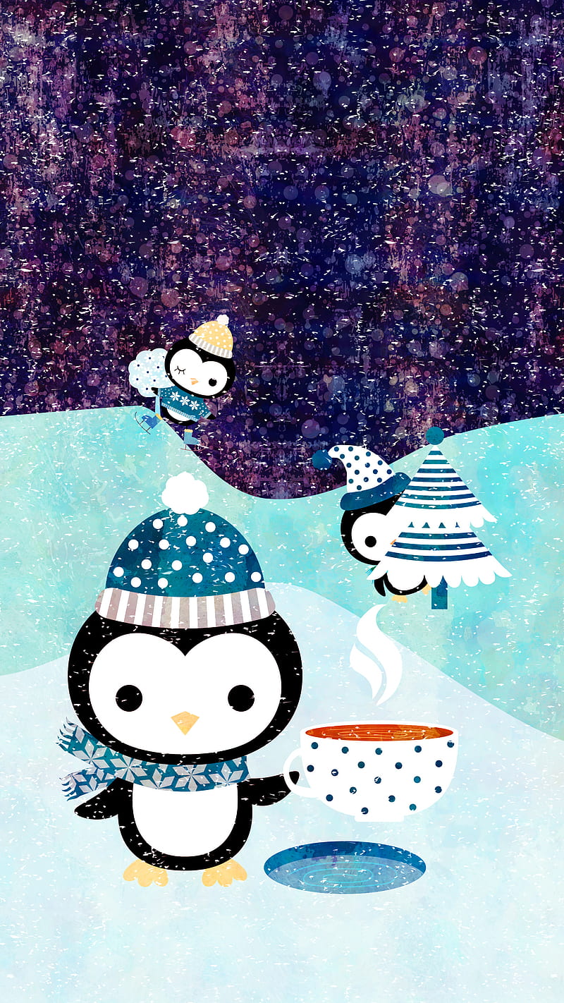 Cute Penguin & Coffee, Adoxali, Christmas, December, Happy, Holiday, Merry, New Year, arctic, baby, background, bird, blue, cartoon, childish, cold, cup, fun, illustration, kawaii, scarf, scene, season, seasonal, smile, snow, snowflake, tea, tree, warm, white, winter, xmas, HD phone wallpaper