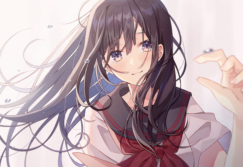 pretty anime girl, teary eyes, school uniform, brown hair, purple eyes, Anime, HD wallpaper