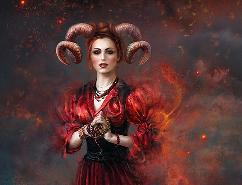 Zodiac ~ Aries, red, luminos, zodiac, woman, horns, fantasy, aries, girl, daywish, HD wallpaper