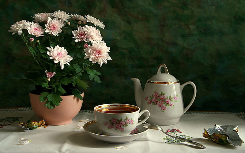 Pink Tea Party, table, candy, saucer, pot, teacup, pink mums, white cloth, teapot, still life, silver spoon, HD wallpaper