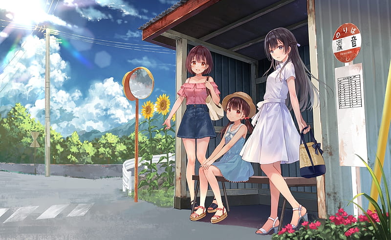 anime girls, summer, friends, bus stop, clouds, Anime, HD wallpaper