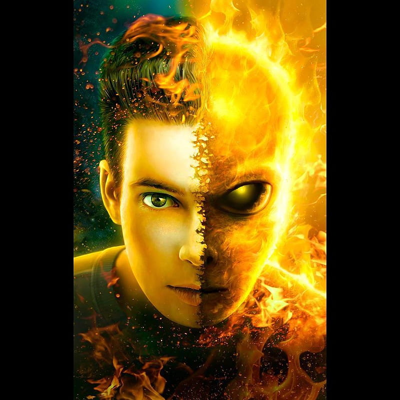 The Burning Face, burn, fiery, burning, digital art, fire, boy, actio, 3d, face, HD wallpaper