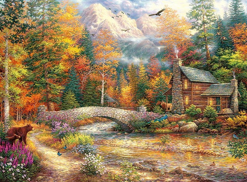 Call of wilderness, pictura, animal, deer, art, autumn, house, cottage, toamna, bear, water, bridge, painting, HD wallpaper