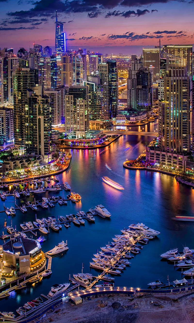 Dubai, boats, buildings, city, harbour, lights, night, HD phone wallpaper