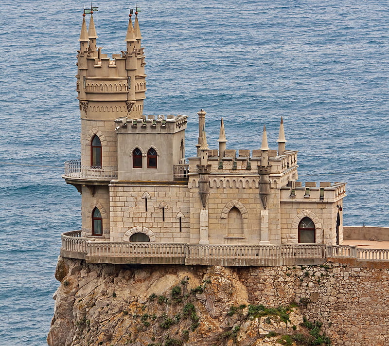 Castle, building, cliff, ocean, palace, russia, ukraine, HD wallpaper