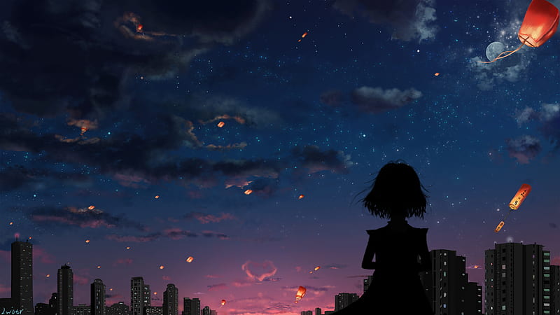 Anime, Original, City, Cloud, Girl, Night, Stars, HD wallpaper