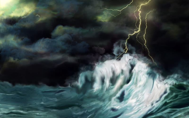 STORMY OCEAN, lightning, ocean, crashing, waves, clouds, sky, stormy, HD wallpaper