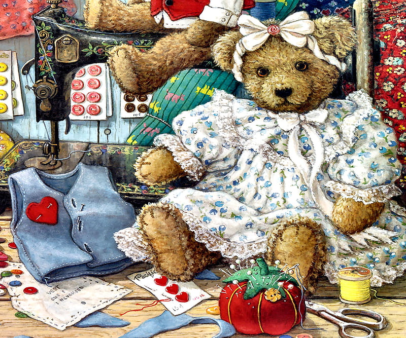 Bears and Bows F, art, bonito, illustration, artwork, teddy bears, stuffed animals, painting, wide screen, toys, HD wallpaper