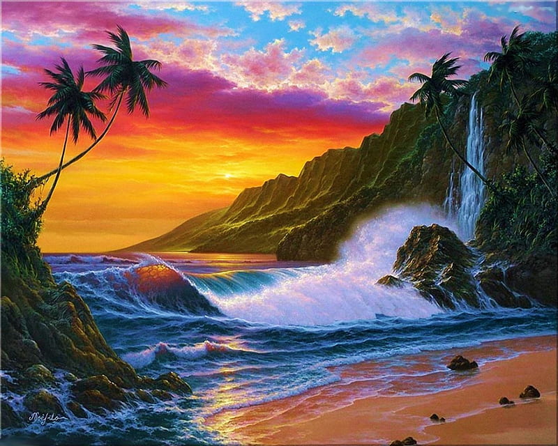 Sunset Beach, waterfall, colors, sky, artwork, sea, palms, HD wallpaper