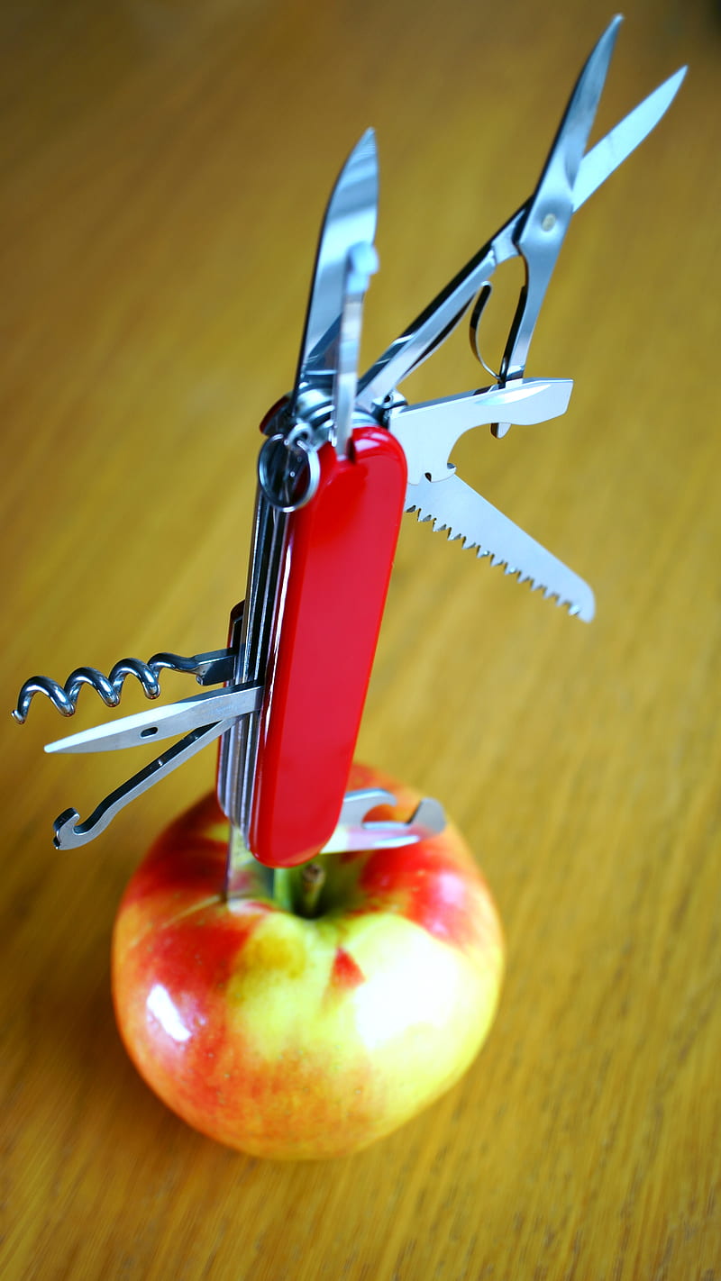 Pierced, apple, band, food, handy, indoor, knife, object, opener, red, scissors, table, tool, wood, HD phone wallpaper