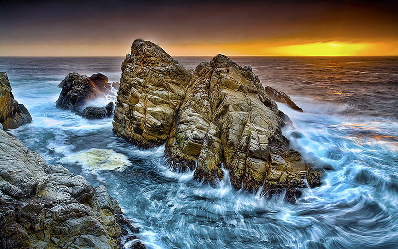 Lets Do The Rocks, rocks, ocean, beauty, nature, reflection, ray, blue, wave, HD wallpaper