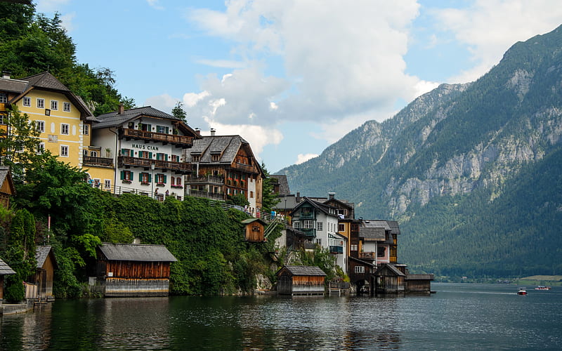 Hallstatt, mountains, Alps, mountain lake, mountain landscape, small town, Austria, HD wallpaper