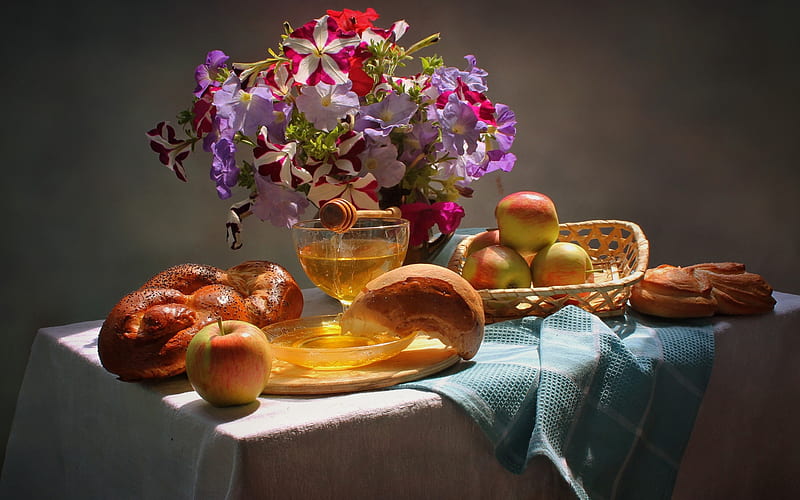 Honey Still Life, bread, still life, flowers, honey, apples, HD wallpaper