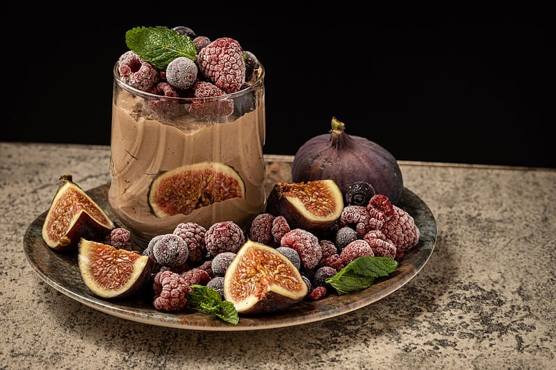 chocolate mousse, berries, figs, dessert, food, HD wallpaper