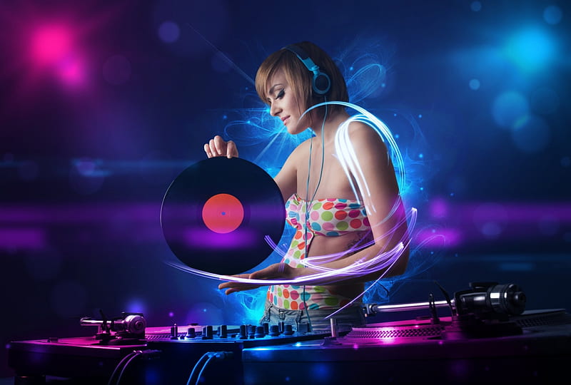 dj girl with blonde hair using dj mixer in nightclub with colorful smoke,  turntables and disco ball - generative ai Stock Illustration | Adobe Stock