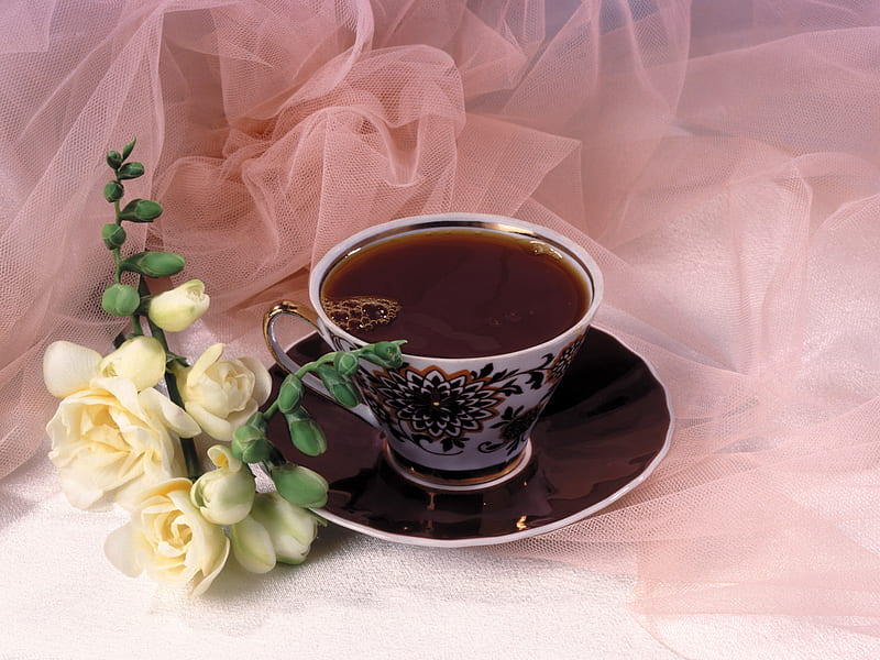 Cup of Coffee, table, cloth, relax, black, roses, tea, coffee, cup, flowers, wellness, HD wallpaper