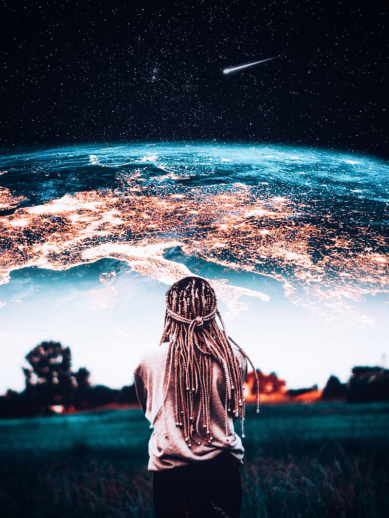 Dreadlocks in space, GEN_Z__, city, collage, comet, contemplation, continent, cosmos, digital, digitalmanipulation, earth, europe, field, galaxy, grass, house, light, meadow, observation, people, manipulation, planet, surreal, surrealism, trees, universe, urban, woman, HD phone wallpaper
