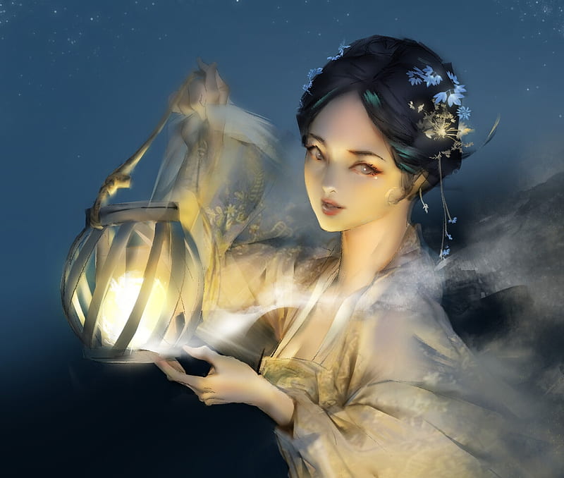 Girl With Lantern Ccwen Asian Light Art Frumusete Lantern Luminos Yellow Hd Wallpaper 5528