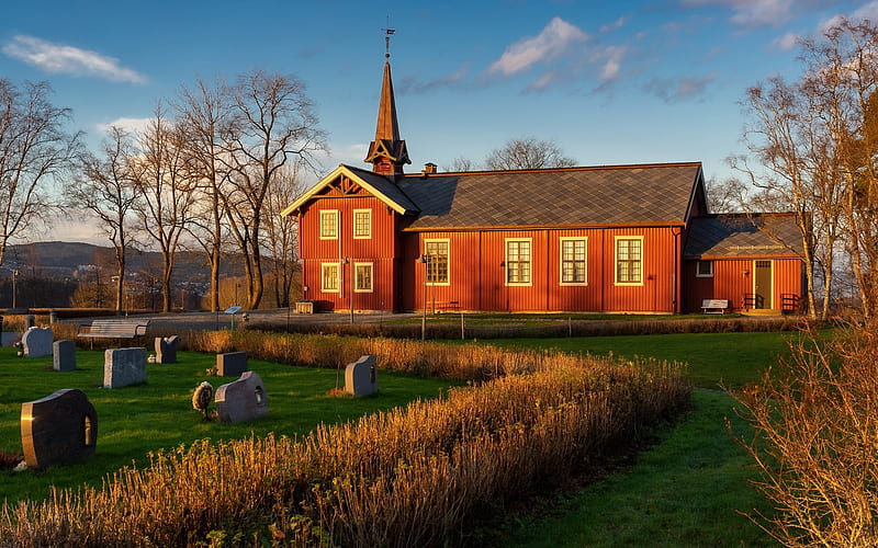 Leira Chapel, Norway, Norway, church, chapel, cemetery, wooden, bench, HD wallpaper
