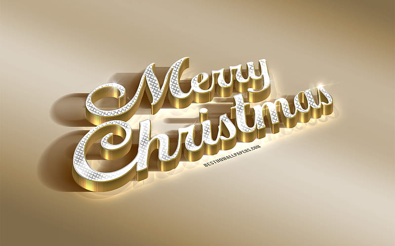 Merry Christmas, christmas, 3d art, christmas greeting card, creative art, art, golden background, golden inscription, golden, greeting card, 3d, HD wallpaper