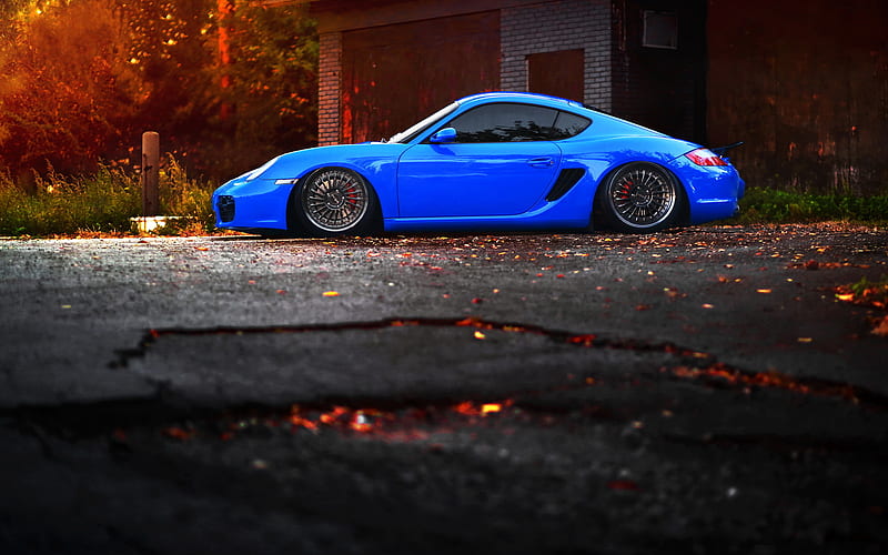 Porsche Cayman, blue sport car, side view, tuning Cayman, German sports cars, Porsche, HD wallpaper