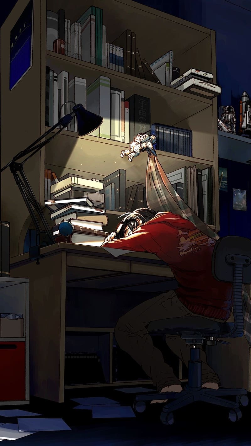 Falling Asleep While Study, study, falling asleep, anime, animation, night lamp, HD phone wallpaper