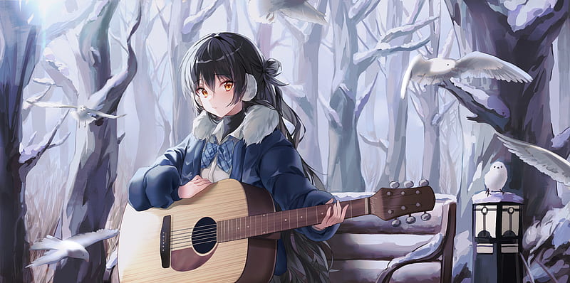 pretty anime girl, guitar, instrument, bench, winter, coat, staring, Anime, HD wallpaper