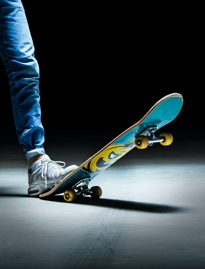 skateboard, leg, sneakers, jeans, dark, HD phone wallpaper