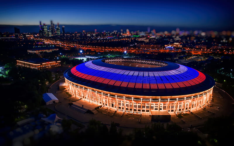 Luzhniki Stadium, Moscow, Russia, night, evening, Russian flag, backlight, socks, main football stadium, 2018 FIFA World Cup, Russia 2018, stadiums, sports arena, modern sports stadiums, HD wallpaper