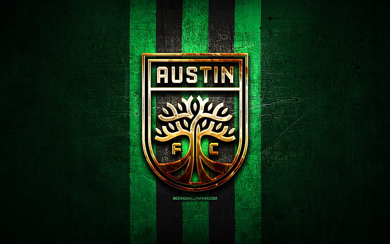 Austin FC, golden logo, USL, green metal background, american soccer club, United Soccer League, Austin FC logo, soccer, USA, HD wallpaper