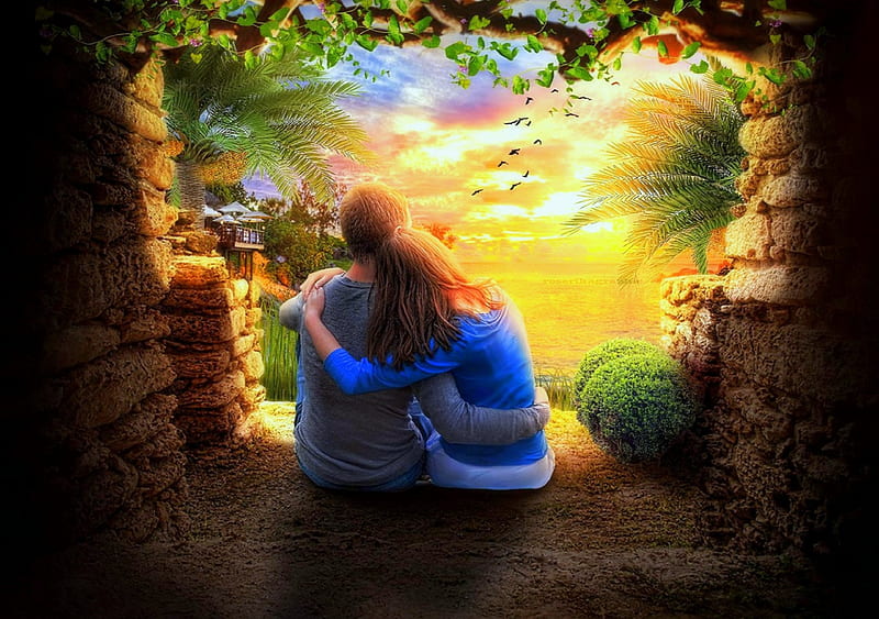 ★Bedtime Rest Together★, together, belove valentines, digital art, woman, sweetheart, lovers, manipulation, people, love, couple, bedtime, valentines, flying birds, love four seasons, man, sky, trees, weather, rests, warmth, hugs, HD wallpaper
