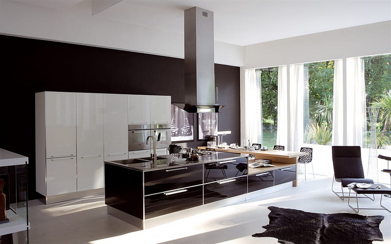 stylish interior design kitchen, black glossy furniture, white black kitchen, modern interior design, high-tech style, HD wallpaper