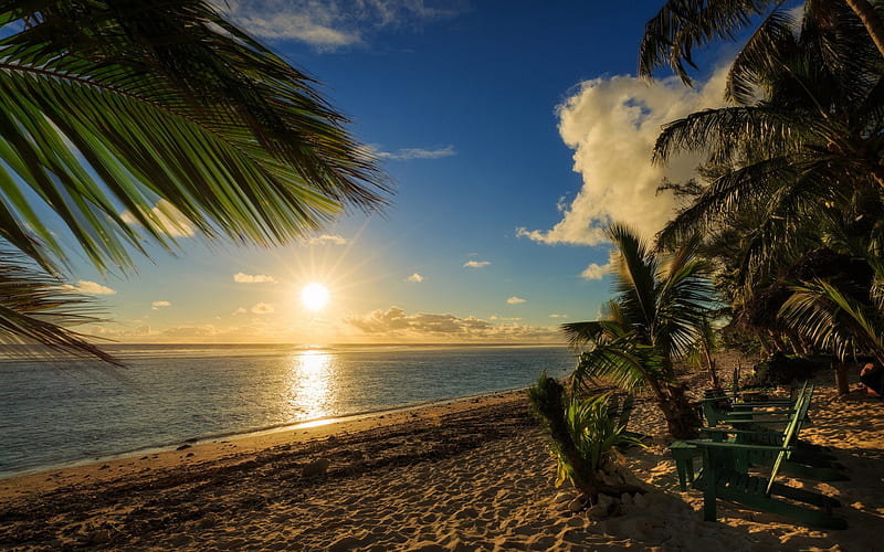 beach, sunset, ocean, palm trees, Cook Islands, Rarotonga, Pacific Ocean, HD wallpaper