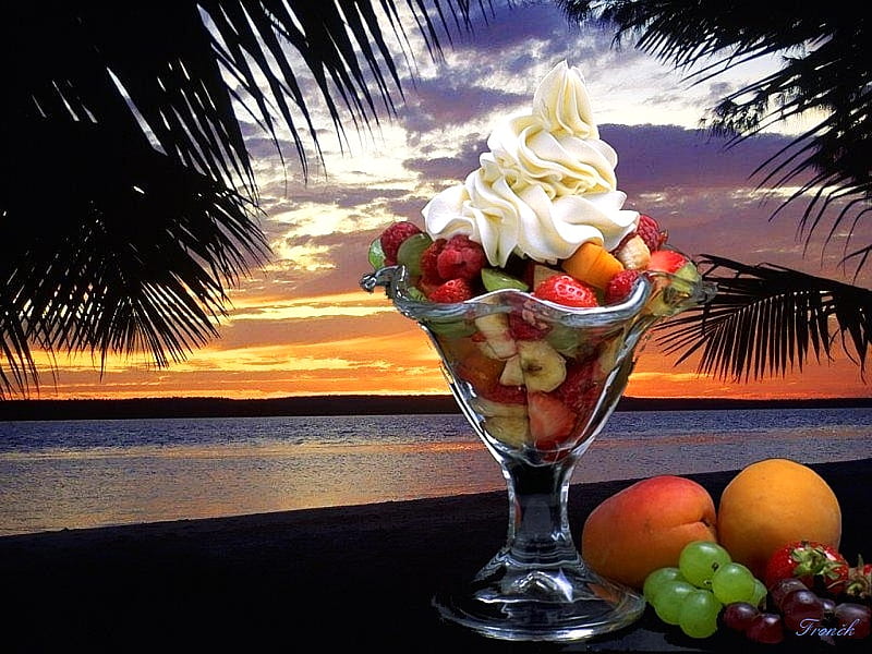 Getting your vitamins, fruit dish, orange, sunset, fruit, beach, grapes, whipped cream, strawberries, melon, palm tree, HD wallpaper