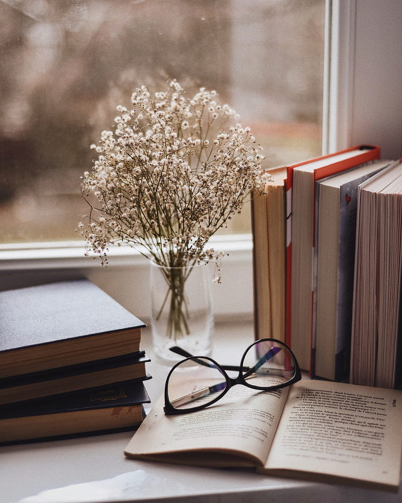 books, glasses, vase, window, window sill, flowers, HD phone wallpaper