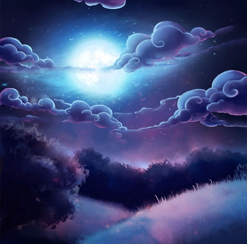 Lovely soft night scene, art, moon, cloud, sky, night, HD wallpaper
