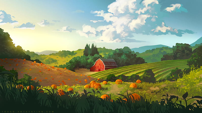 field, building, hills, pumpkin, art, HD wallpaper