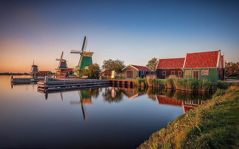Windmills in Zaanse-Shans, Netherlands, windmills, Netharlands, canal, reflection, landscape, HD wallpaper