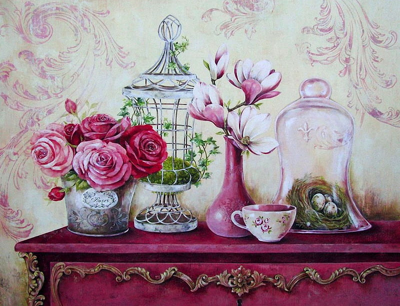 Still Life, painting, vase, flowers, porcelain, HD wallpaper