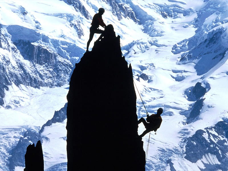 Rock Climbers Silhouette, mountain, europe, snow, men, climbing, HD wallpaper