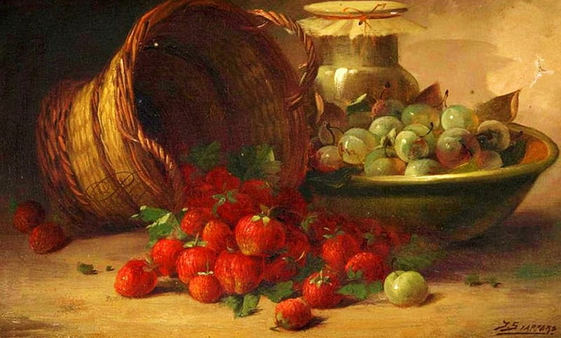 Still Life, fruits, jug, strawberries, gooseberries, bowl, HD wallpaper