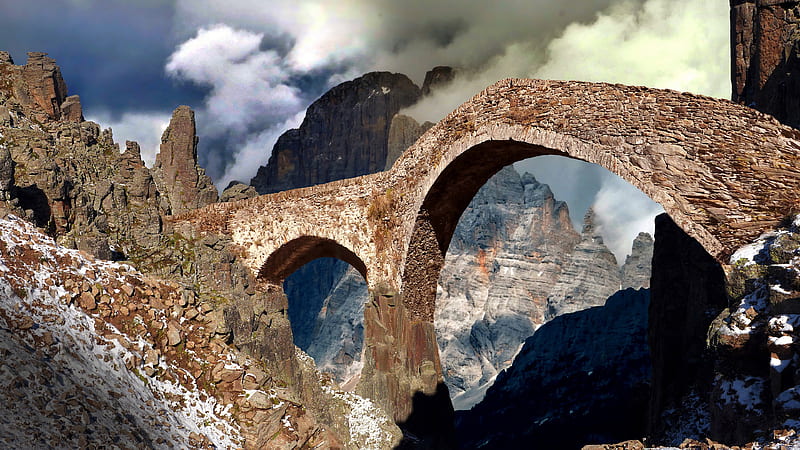 Bridge Between Rock Mountains Under Cloudy Sky Nature, HD wallpaper