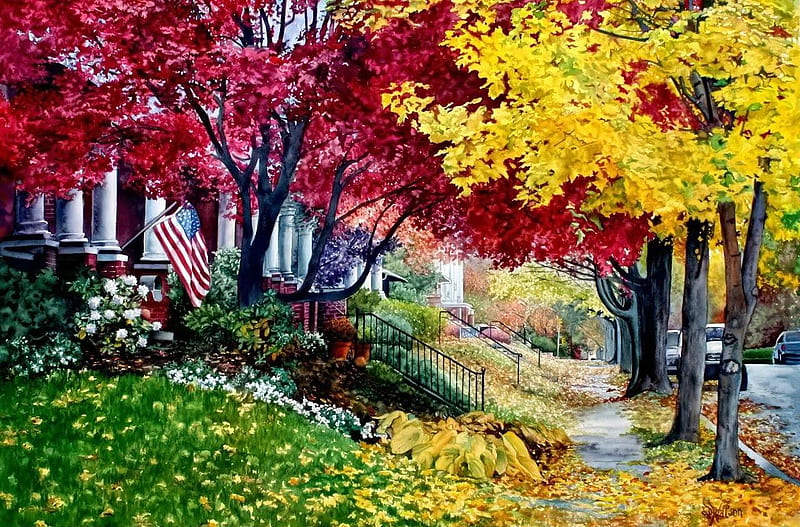 Now I could walk down this street., fence, fall, autumn, house, flag, leaf, building, tree, stair, car, path, road, street, HD wallpaper