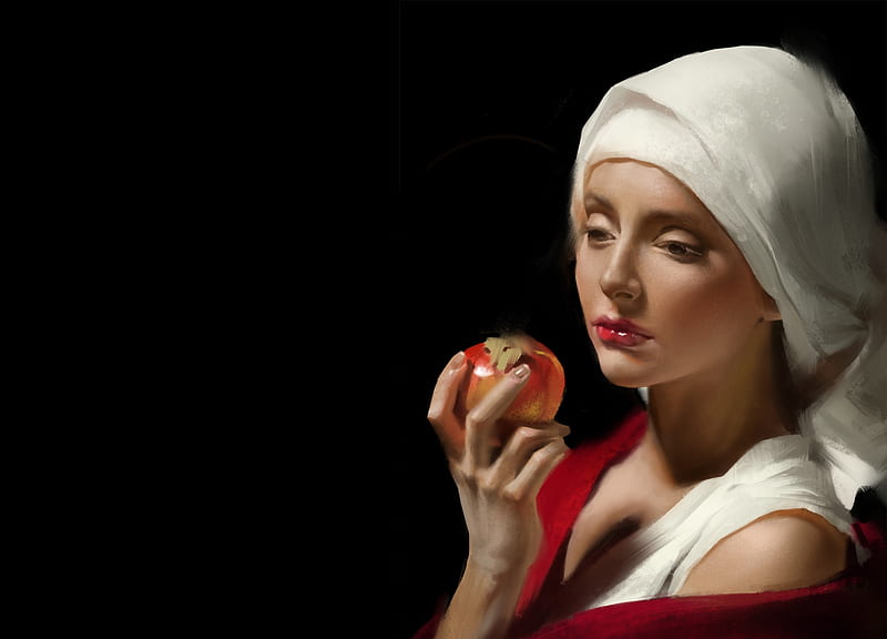 The Apple, black, ley bowen, white, apple, art, red, luminos, fruit, fantasy, girl, hand, HD wallpaper