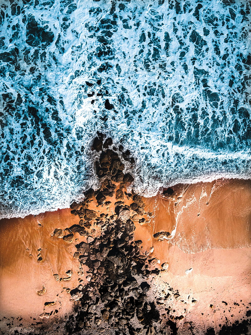sea, coast, aerial view, waves, stones, sand, HD phone wallpaper