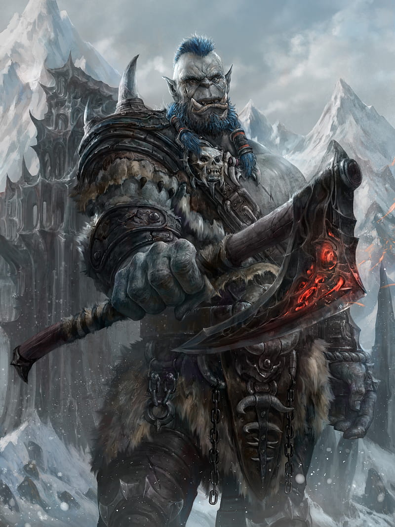 artwork, fantasy art, orcs, axes, warrior, blue hair, standing, weapon, snow, Mansik Yang, World of Warcraft, World of Warcraft: Wrath of the Lich King, HD phone wallpaper