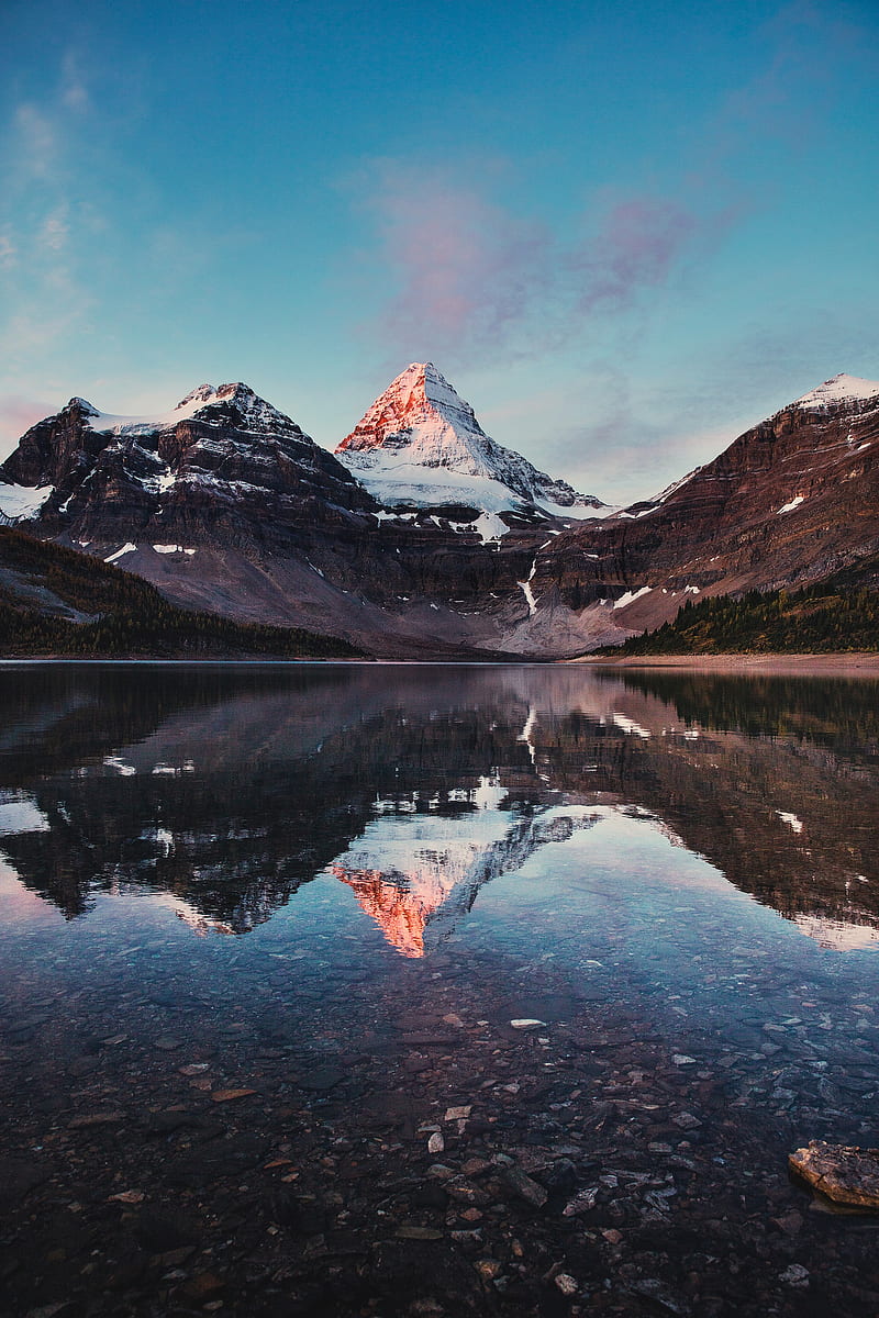 mountains, rocks, snow, snowy, lake, reflection, sky, HD phone wallpaper